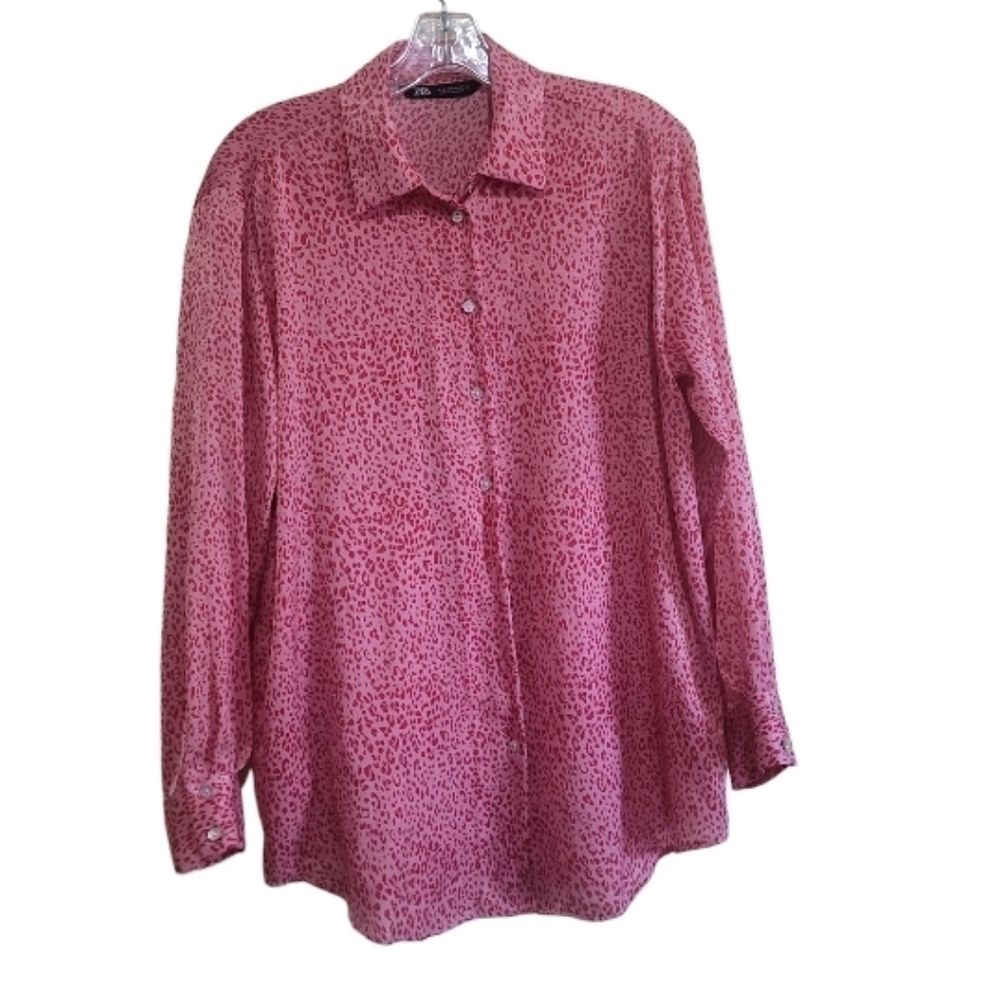 Zara Pink Red Leopard Print Button Up Collared Shirt - Size Small